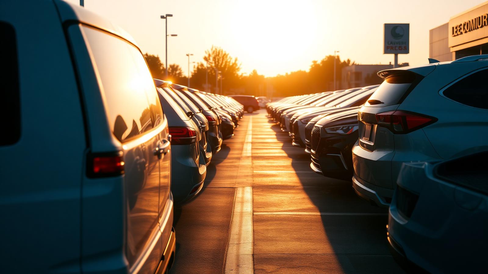 Fleet vehicles on a dealer lot at golden hour